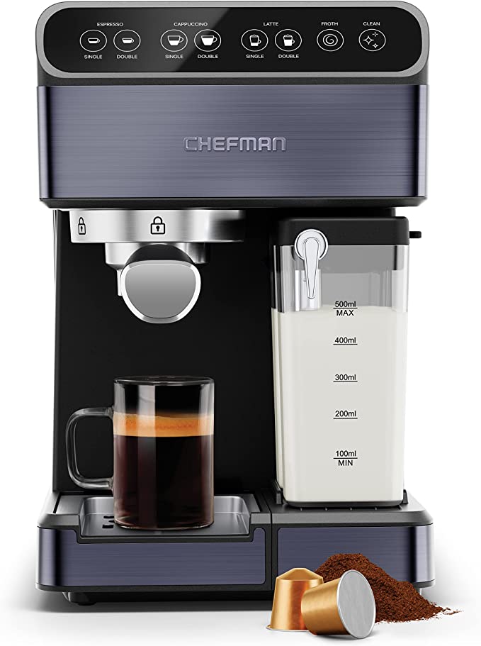 Chefman 6-in-1 Espresso Machine, Powerful 20-Bar Pump, Nespresso® Capsule or Ground Coffee Compatible, Milk Reservoir & Frother for Cappuccinos & Lattes, XL 1.8-Liter Water Reservoir, Stainless Steel