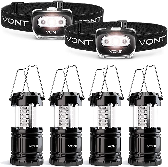 Vont 2-Pack Spark Headlamp   4-Pack Lantern Bundle - Must-Have for Biking, Camping, Hiking, Hunting, Other Outdoor and Night Activities - Ideal for Emergencies and Outages During Storms, Hurricanes