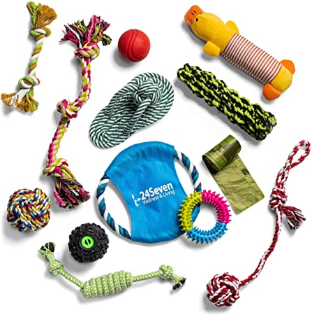 24Seven Wellness and Living Dog Toys-Selection of Chew Toys-Tug Rope Toys-Frisbees-Plush Squeaky No Stuffing Toys-Bones and Balls-We Have A Fun Pack to Suit Your Teething Puppy, Large or Medium Dog