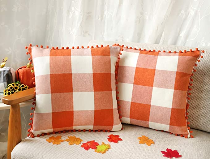 4TH Emotion Set of 2 Fall Buffalo Check Plaid Throw Pillow Covers with Pompoms Cushion Case Cotton Linen for Sofa Orange and White, 20 x 20 Inches