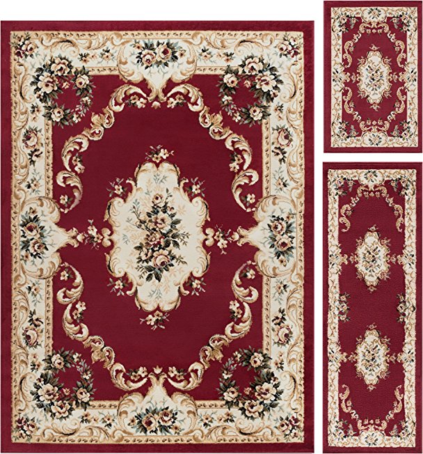 Angeline Traditional Floral Red 3-Piece Area Rug Set, 3-Piece Set