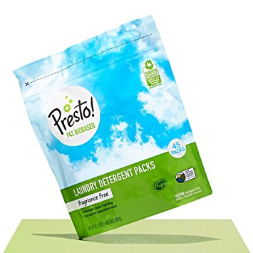 Presto! 94% Biobased Laundry Detergent Packs, Fragrance Free, 90 Loads (2-pack, 45 each)
