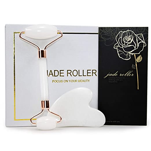 Face Roller & Gua Sha Set, Jade Facial Roller Beauty Massage Tool, for Face, Neck and Body Muscle Relaxing and Stimulating Blood Flow, Relieve Fine Lines and Wrinkles (White）