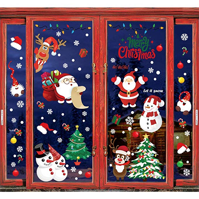 Ivenf Christmas Decorations, 4 Sheets Extra Large Snowman Reindeer Santa Tomte Gnome Christmas Tree Window Clings, Hanging Ornaments Decal Winter Wonderland Xmas Holiday Party Supplies