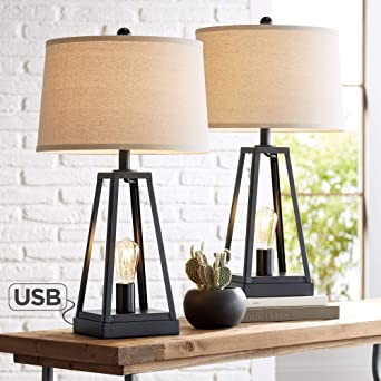 Kacey Industrial Farmhouse Table Lamps Set of 2 with USB Charging Port Nightlight LED Open Column Dark Metal Oatmeal Fabric Drum Shade for Living Room Bedroom Bedside Nightstand - Franklin Iron Works