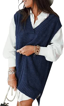 EVALESS Oversized Sweater Vest for Women V Neck Sleeveless Solid Color Loose Pullover Sweater