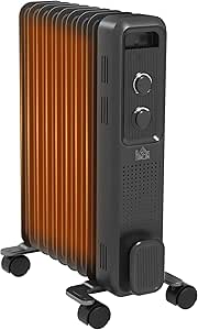 HOMCOM 2000W Oil Filled Radiator, 9 Fin, Portable Electric Heater with 3 Heat Settings, Safety Cut-Off and Wheels, Grey