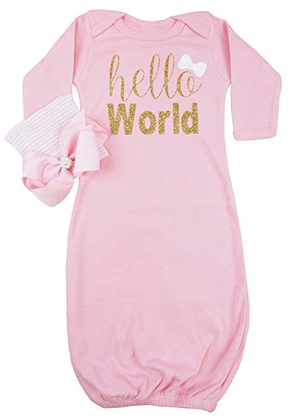 Posh Peanut Hello World Infant Baby Gown Layette Soft Sleeper Newborn Girl's Soft Beanie Girl Outfit Pink Gold