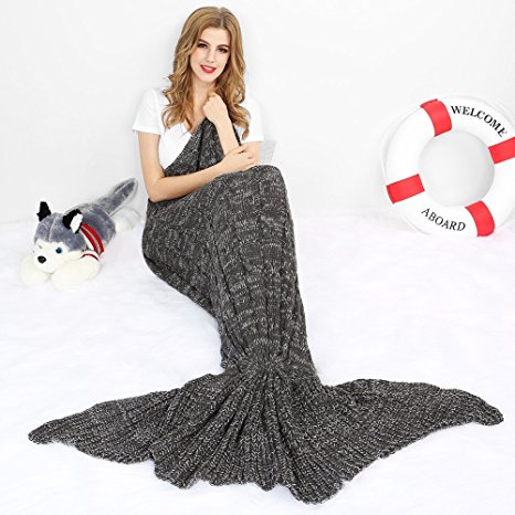 Merssyria Mermaid Tail Blanket,Handmade Crochet Blankets with Vacuum Waterproof Package,Sleeping Bag for kids and Adults, All Seasons Use in Bed,Sofa or Traveling(71"x35.5", Gray-Butterfly Tail)