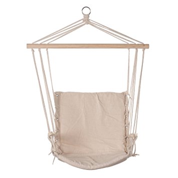 Prime Garden Hanging Rope Chair Cotton Padded Swing Chair Hammock Seat for Indoor or Outdoor Spaces-Beige