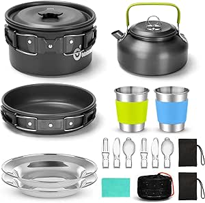 Odoland Multi-PCS Kit de Casseroles Camping, Cookware Kit en Alliage d'Alu, Légère, Durable et Compact avec Réchaud de Camping, Bouilloire, Tasse pour Pêche/Survie/Randonnée/Outdoor/Pique-Nique