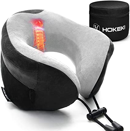 HOKEKI Travel Pillow 100% Pure Memory Foam Neck Pillow, Comfortable & Lightweight, Breathable and Improved Support Design, for Airplanes and Travel (Gray)