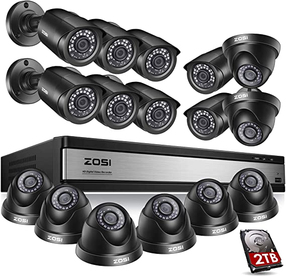 ZOSI 1080p 16 Channel Security Camera System, H.265  16 Channel DVR with Hard Drive 2TB and 16 x 2MP Weatherproof Surveillance CCTV Bullet Dome Camera Outdoor Indoor, 80ft Night Vision, 90° View Angle