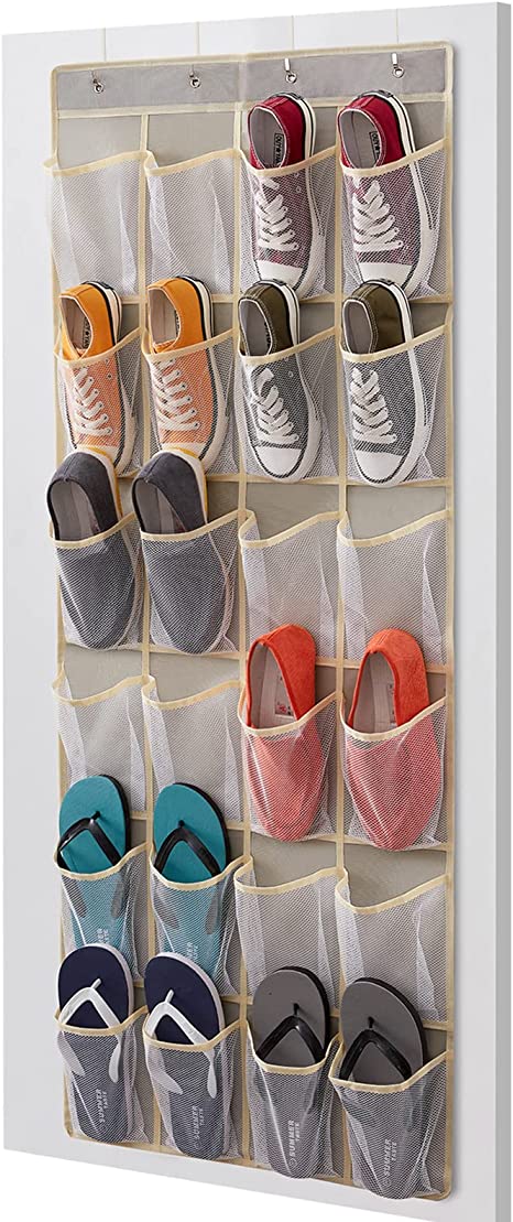 Lifewit Over The Door Hanging Shoe Organizer 24 Mesh Pockets Hanging Shoe Racks Holders Behind Door with 4 Metal Hooks Doors Shoe Storage Pockets for Closet Door for Men Women Kids, Light Grey, Large