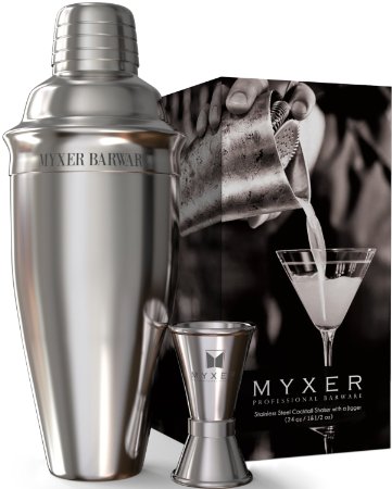 MYXER Cocktail Shaker Set 24 Oz - Premium Bar Tools Kit with Jigger, Built-in Strainer & Recipes (eBook) - Stainless Steel - Create Perfect Martini, Mojito with Bartender Drink Mixer Shaker