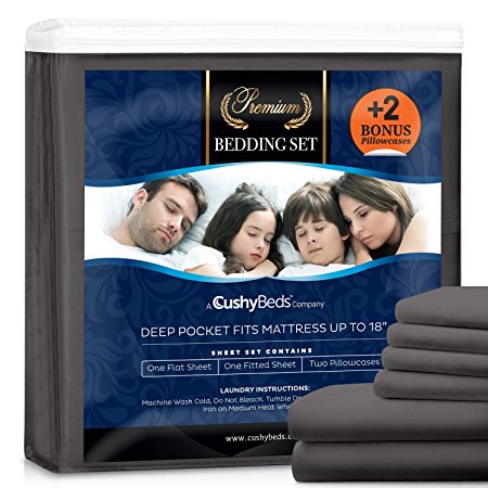 Premium Bed Sheet Set by CushyBeds - Brushed Microfiber 1800 Bedding - Hypoallergenic, Wrinkle, Fade, Stain Resistant - 6 Pieces Includes 2 BONUS Pillow Case (Queen, Gray)