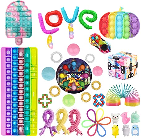 Biayxms 39Pcs Fidget Packs, Rare Pop Halloween Figetsss Toys Sets, Stress Relief Anti-Anxiety Tools for Kids , Cheap Sensory Fidget Toys with Mesh Marble Tube Figit Toys Packages (T, OneSize)