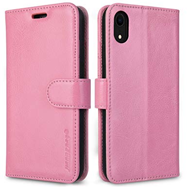 iPhone XR Case Wallet, Jisoncase Leather Wallet Case with Kickstand Cash Slot Card Case for iPhone XR, RFID Blocking iPhone Xr Case Foldable with Magnetic Closure - Pink
