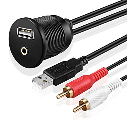 TNP USB RCA Flush Mount Cable - Dashboard Panel Dash Mount Port USB   RCA to USB   3.5mm AUX Socket Jack Plug Connector Extension Wire Cord for Car Truck Trailer Boat Motorcycle (1M/3FT)