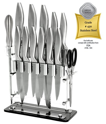 14 Piece Stainless Steel Cutlery Professional Kitchen Knife Block Set - 8" Chef, Bread, Carving, 5" Utility, 3½" Paring, 4½" Steak Knives, Scissors, Sharpener & Stand - Best world Class Gift. By S.B.