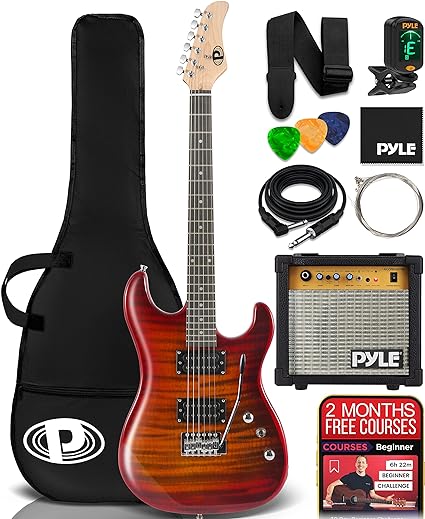 Pyle Electric Guitar Kit with Amp, Full Size Instrument with Humbucker Pickups, Guitarra Electrica Amplifier and Beginner Bundle Accessories, 39" Red