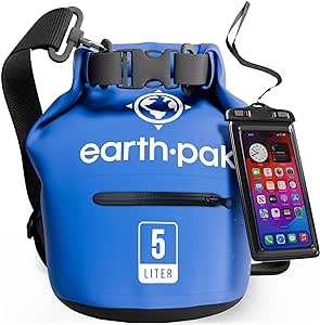 Earth Pak Dry Bag – wasserdichter Packsack mit Reißverschluss Tasche, Schultergurt und wasserfester Handyhülle – ideal beim Kajak Fahren, Camping, Angeln, Bootfahren und Rafting