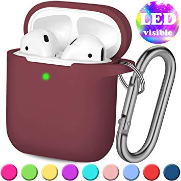 Henva AirPod Case Protective Cover (Front LED Visible), Shockproof Silicone AirPods Cute Skin Compatible Apple AirPods 2 & AirPods 1 Wireless Charging Cases for Women, Men, with Keychain, Wine Red