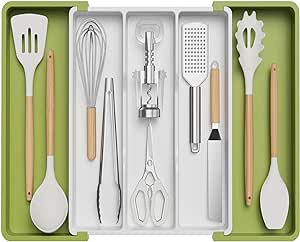 Lifewit Utensil Organizer for Kitchen Drawers, Expandable Cooking Utensil Tray, Adjustable Cutlery Silverware Flatware Holder, Plastic Spatula Tools and Gadgets Storage Divider, Large, Green&White