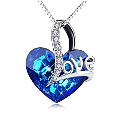 Sterling Silver Heart Pendant Necklace with Blue Swarovski Crystals Jewelry Gifts for Women
