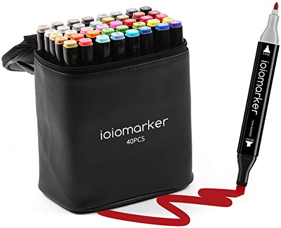 ioiomarker 40 Colors Permanent Marker pen, Alcohol-Based Dual Tip Markers with Broad and Fine Point Tips for Draw/Sketch/Illustrate/Design, Classic Black Leather Gift Bag(Fashion Design)