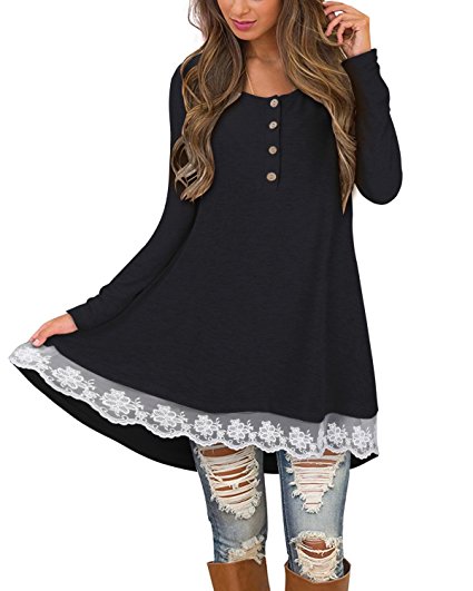 STYLEWORD Women's Long Sleeve Lace Casual Tunic Dress For Leggings