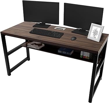 TOPSKY Computer Desk with Bookshelf/Metal Hole Cable Cover 1.18" Thick Desk (Light Walnut, 55")