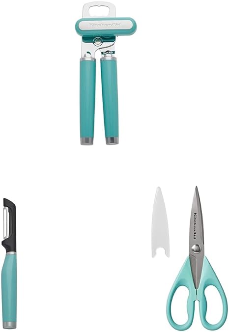 KitchenAid Classic Multifunction Can Opener/Bottle Opener, 8.34-Inch, Aqua Sky & KitchenAid KE112OHAQA Classic Euro Peeler & KitchenAid All Purpose Shears with Protective Sheath, 8.72-Inch