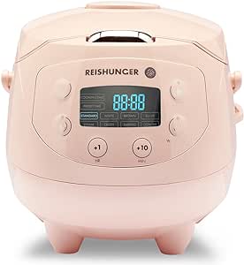 JUSTPET Reishunger Digital Mini Rice Cooker and Steamer in Pink with Keep Warm Function & Timer - Premium Inner Pot, Spoon & Measuring Cup - Multi Cooker with 8 Programmes & 7-Phase Technology - 1-3 Persons