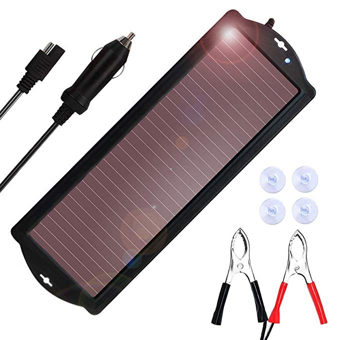 MEGSUN Solar Trickle Car Battery Charger Bundle with Cigarette Lighter Plug and Battery Charging Clip Line Suitable for Cars, Caravans and Boats (1.5 Watt), Black