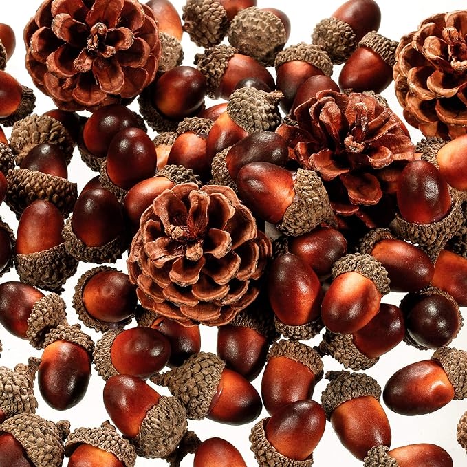 120 Pieces Artificial Acorns and Pine Cones, Lifelike Simulation Small Acorn with Acorn Cap Hanging Ornaments Acorn Decorations for Crafting, Wedding, Autumn, Thanksgiving, Christmas Decor