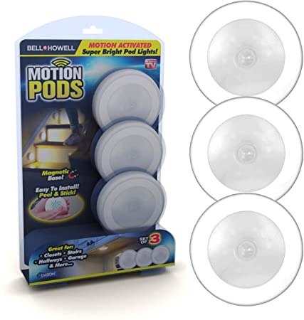 As Seen On TV Motion PODS Lighting with Built-in Sensor for Indoor and Home - Self-adhesing or Semi-Portable w/Magnetic Base for Any Metallic Surface