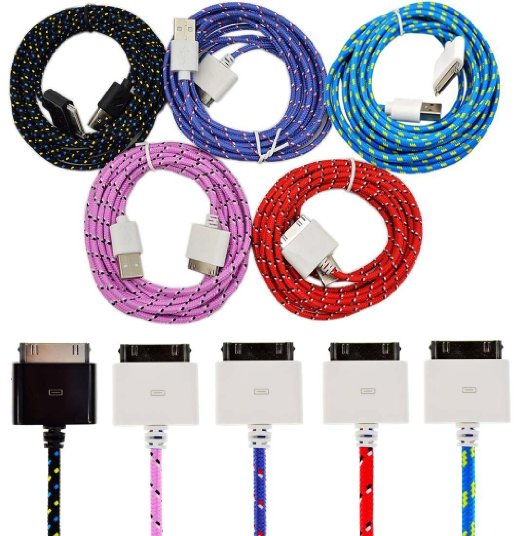 CIKOO 5pcs/Pack 10Ft 10 Feet 3Meter Colorful Nylon Braided Extension USB Data Sync Charger Cable Cord for iPhone 3G 3GS 4 4S iPad 1/2/3 iPod Touch (Red,Pink,Blue,Purple,Black)