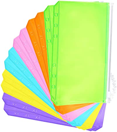 12 Pieces Binder PVC Pocket Notebook Binder Loose Leaf Bags Colorful Holes Binder Zipper Folders Waterproof PVC Pouch Document Filing Bags (Pink, Blue, Orange, Green, Yellow, Purple, A6)