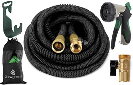 HEAVY DUTY {Improved Design} 25' Feet Expandable Hose Set, Strongest Garden Hose On Earth. With All Solid Brass Connector & 8-pattern Spray Nozzle,  Hose Hanger,   Storage Sack, by GrowGreen