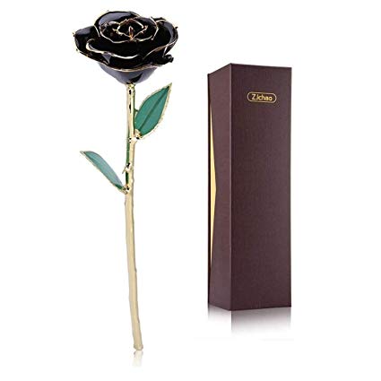 ZJchao Gold Rose Love Forever Long Stem Dipped 24k Rose Foil Trim, Gifts for Her (Black)
