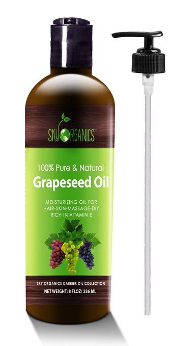 Grapeseed Oil by Sky Organics - 100% Pure, Natural & Cold-Pressed Grapeseed Oil - Ideal for Massage , Cooking and Aromatherapy- Rich in Vitamin A, E and K- Helps Reduce Wrinkles - 8oz