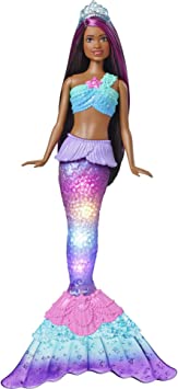 Barbie Dreamtopia Twinkle Lights Mermaid Doll (12 in, Brunette) with Water-Activated Light-Up Feature and Pink-Streaked Hair, Gift for 3 to 7 Year Olds