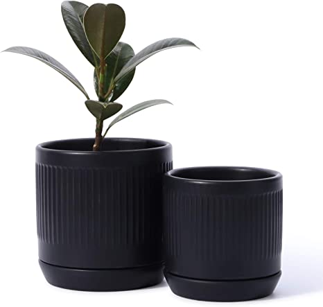 POTEY 053204 Ceramic Planter Pots - Glazed Modern Planters Flower Pot Indoor Bonsai Container with Drainage Holes & Saucer for Plants Aloe( 5.1   4.2 Inch, Matte Black, Set of 2, Plants Not Included)