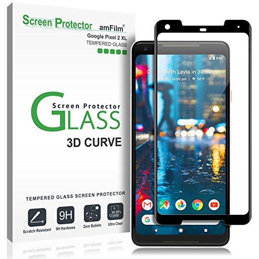 Google Pixel 2 XL Screen Protector Glass, amFilm Google Pixel 2 XL Tempered Glass Screen Protector 3D Curved with Dot Matrix for Google Pixel 2 XL 0.3mm (1-Pack) [UPDATED ADHESIVE VERSION]