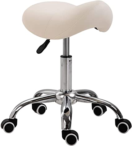 HOMCOM Cosmetic Stool 360° Rotate Height Adjustable Salon Massage Spa Chair Hydraulic Rolling Faux Leather Saddle Stool Mobility - Beige