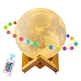 Moon Lamp, AFBEST 16 Colors 12cm 3D Print LED Moon Light Remote Control Stepless Dimming RGB Table Bedside Lamp with Wooden Mount