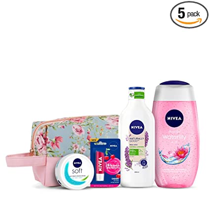 NIVEA Naturally Good, Natural Lavender Body Lotion, 200 ml, NIVEA Women Shower Gel, Waterlily & Oil Body Wash, 125 ml, Nivea Soft Crème 50ml and Nivea Lip Care Fruity Shine Cherry, 4.8g with Pink Floral Styling Pouch