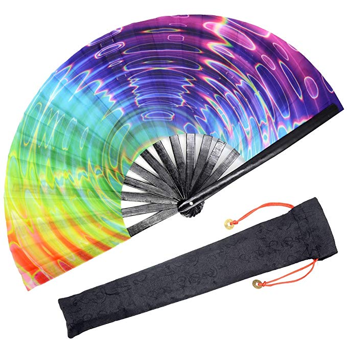 OMyTea Bamboo Large Rave Folding Hand Fan for Men/Women - Chinese Japanese Handheld Fan with Fabric Case - for Electronic Dance Music Festival Party, Performance, Decorations, Gift (Rainbow Waves)