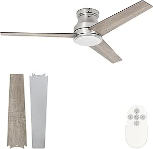 hykolity 52 inch Flush Mount Ceiling Fan with LED Lights(3000K/4000K/5000K) Remote Control, Noiseless Reversible Motor, Low Profile Ceiling Fan, 3 Speed, ETL, DOE, CEC Listed, Silver